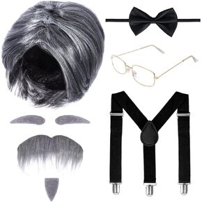 7Pcs Old Man Costume 100th Days of School Grandpa Costume Halloween Old Man Costume Accessories Faux Gray Wig Glasses