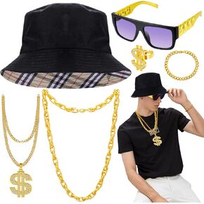 Hysagtek 80s 90s أزياء الهيب هوب مجموعة 90s الزي للرجال إكسسوارات مغني الراب مع سوار ذهبي مزيف قبعة مغني الراب المدرسة القديم Sunglasses Sunglass Dollar