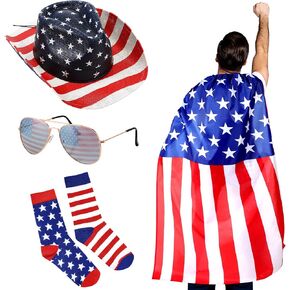 Mepase 4 Pcs American Flag Costume Cape, Retro 80's USA Sunglasses Flag Hats and Socks USA Patriotic Flag Cloak Set for Adult 4th of July Independence Day Celebration