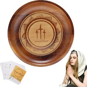 9 Inch Round Wooden Prayer Bowl with 24 Cards, Rustic Style, Brown Nature Pattern, Handmade Christian Gift Bowl