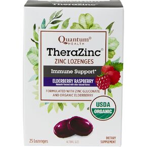 Quantum Health TheraZinc Organic Zinc Lozenges Elderberry Sambucus Raspberry & Honey Immune Support for Adults & Kids 12+ Naturally Flavored Fast Relief with No Aftertaste - 25 Count