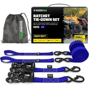 أشرطة Rhino USA Ratchet Straps Heavy Duty Kit (4 عبوات) - 1.6 بوصة × 8 أقدام (5،208 رطل قوة كسر) - أشرطة في نهاية المطاف مع خطاف السلامة S للشاحنات ، ATV ، UTV ، دراجة نارية ، شحن وأكثر - أسود