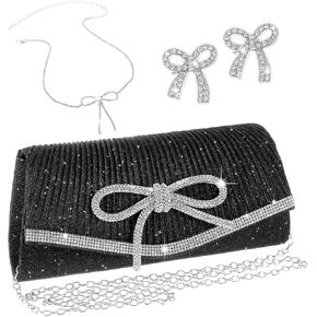 3 Pcs Bow Clutch Bag Jewelry Set Women, Black Clutch Purse with Silver Bow Necklace Earrings Glitter Evening Handbag for Wedding Party Gift