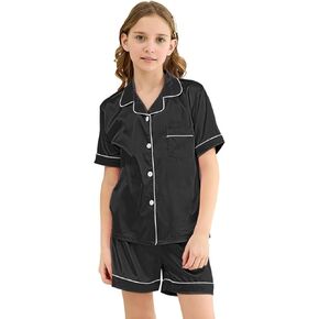BINPAW Girl's 2 Piece Pajamas Set Short Sleeve PJ Set Button Shirt & Shorts Lightweight Sleepwear Nightwear