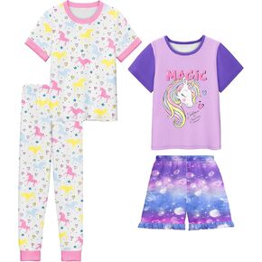 LQSZ Girls Pajamas Set Kids 4 Piece Summer Sleepwear 3-10 Years Pajama Toddler Pjs