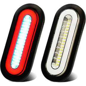 2Pcs Clear lens 6" Inch Oval 52 LEDs Halo Combination White/Red Trailer light Stop Turn Brake Reverse Lights【PatentPending】 w/Rubber Grommet, IP67 Waterproof for Truck/RV/Van/Boat, DC 12V