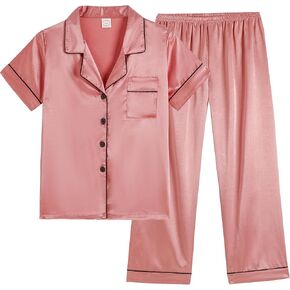 Vopmocld Girls Button Down Satin Pajama مجموعات حريرية قصيرة من الأكمام القصيرة والسراويل صالة ارتداء المراهقين مريحة ليلة 2pcs pjs