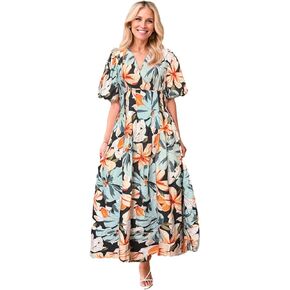 GOLDSTITCH Women's Casual Summer Midi Dress Puffy Short Sleeve Square Neck Smocked Tiered Ruffle Dresses in Saudi Arabia