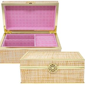 Lilly Pulitzer Jewelry Case Organizer, Raffia Jewelry Box for Women with Suede Interior, Cute Jewelry Organizer Holds Necklaces, Rings, Bracelets, Gold Raffia