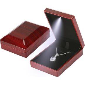 Wooden Jewelry Necklace Pendant Gift Box with LED Light, Small Velvet Lining Necklace Bracelet Display Holder Boxes for Wedding Christmas Engagement Birthday Anniversary (Style 3)