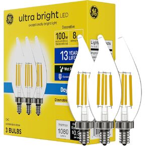 مصابيح إضاءة LED فائقة السطوع من GE، 100 وات، مصابيح شموع في ضوء النهار، مصابيح إضاءة CA12 مزخرفة شفافة، قاعدة شمعدان (3 عبوات)