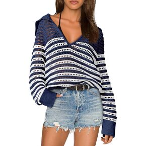 Saodimallsu Womens Crochet Striped Sweater Top Long Sleeve Spring Summer V Neck Collared Trendy Loose Fit Shirts
