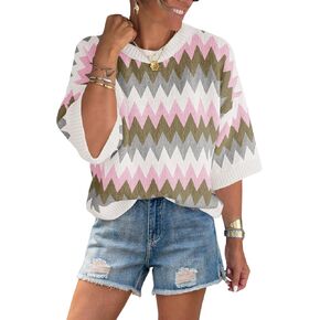 Saodimallsu Womens Color Block Striped Sweater Tops Summer Half Sleeve Crew Neck Loose Knit Pullover Sweaters