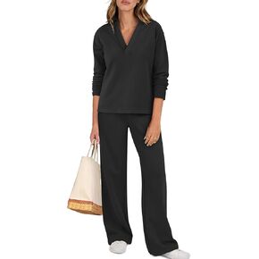 ANRABESS Lounge Sets for Women 2 Piece Outfits Sweatsuit Set Fall V Neck Sweatshirts Wide Leg Pants Tracksuits