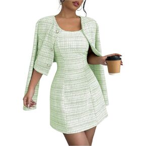 SOLY HUX Women's 2 Piece Outfits Plaid Long Sleeve Button Down Cropped Jacket and Sleeveless Mini Dress Sets