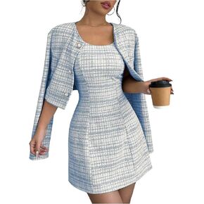 SOLY HUX Women's 2 Piece Outfits Plaid Long Sleeve Button Down Cropped Jacket and Sleeveless Mini Dress Sets in Kuwait