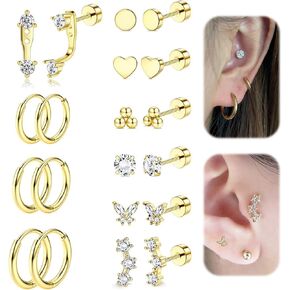 10pairs 14K الذهب المطلي بالذهب هيبوالرجينيك جراحية من الصلب الأقراط المسطح للآذان الحساسة 20g غضروف الأقراط