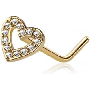 Pierced Owl 20GA 316L Stainless Steel CZ Crystal Paved Heart Outline Top L-Bend Nose Stud (Gold Tone)