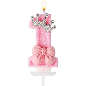 Pink 1st Birthday Candle, Bow Crown First Birthday Decoration Wax Elegant Number One Candle Cake Decoration for 1 Birthday Party Anniversary Decoration