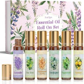 Essential Oil Roll On Set, Natural Aromatherapy Oils with Portable Roller Ball for Skin Care- Tea Tree, Frankincense & Myrrh, Lavender, Peppermint, Eucalyptus, Lemon - Gifts for Women & Men
