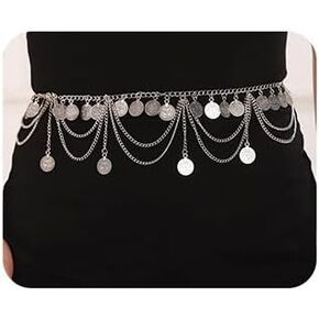 Wiwpar Boho Silver Sexy Multi Layer Metal Waist Chain Layered Body Chain Coin Belly Waist Chain Summer Beach Rave Body Jewelry for Women Disc Party Prom Wedding (Silver)