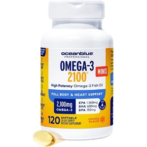 OceanBlue Professional Omega-3 2100 Minis-120 CT-Triple Strength Burpless Fish Oil مكمل مع EPA عالي الدقة ، DHA ، DPA-نكهة برتقالية (30 حصص)