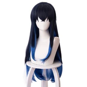 Anime Demon Hashibira Inosuke Wigs for Female Long Black Mixed Blue Straight Party Hair Cosplay Props Halloween