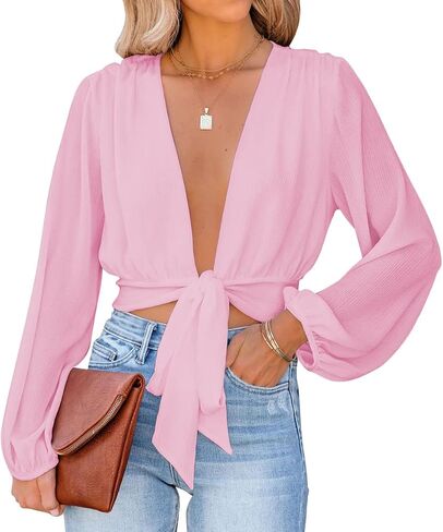 LYANER Women's Deep V Neck Long Sleeve Tie Front Knot Sexy Wrap Crop Top Blouse in Saudi Arabia