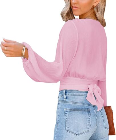 LYANER Women's Deep V Neck Long Sleeve Tie Front Knot Sexy Wrap Crop Top Blouse in Saudi Arabia
