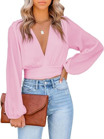 LYANER Women's Deep V Neck Long Sleeve Tie Front Knot Sexy Wrap Crop Top Blouse in Saudi Arabia