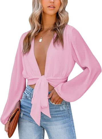 LYANER Women's Deep V Neck Long Sleeve Tie Front Knot Sexy Wrap Crop Top Blouse in Saudi Arabia