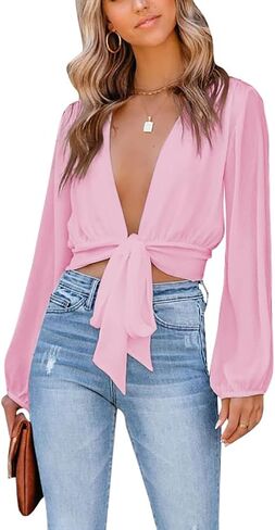 LYANER Women's Deep V Neck Long Sleeve Tie Front Knot Sexy Wrap Crop Top Blouse in Saudi Arabia