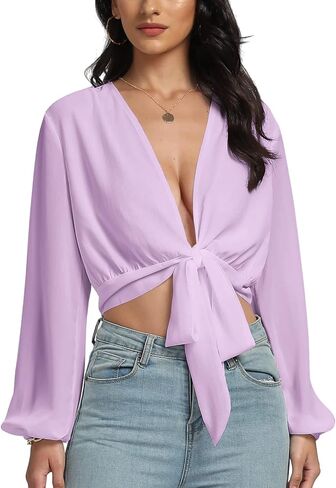 Lyaner Women's Deep v Neck Long Sleeve Tie Bride Urban in Kuwait