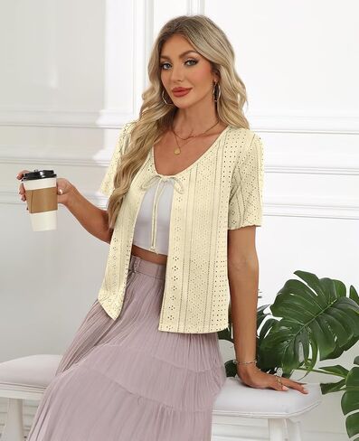 Womens Tie Front Cardigan Lightweight Short Sleeve Cardigans for Women Trendy in Saudi Arabia