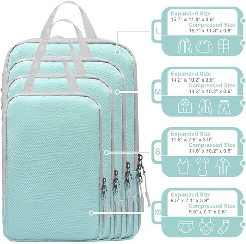 مكعبات التعبئة المضغوطة من WOOMADA لحقائب السفر وأساسيات السفر 4 مجموعات منظم حقائب السفر القابلة للتوسيع للأمتعة (فيروزي) in Kuwait