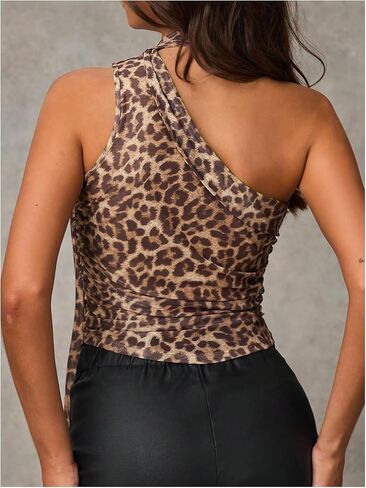 Wdirara Women’s Leopard Print Halter Crop Top Ruched Rucheveless Tee Shirt y2k terts terts tirts in Kuwait