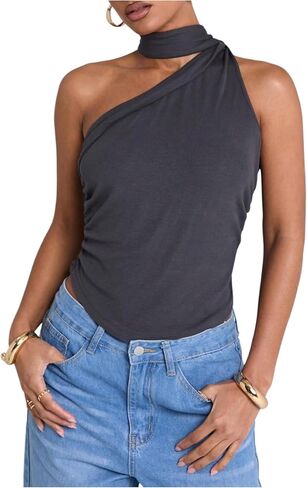 Wdirara Women’s Leopard Print Halter Crop Top Ruched Rucheveless Tee Shirt y2k terts terts tirts in Kuwait