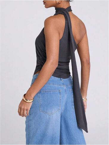 Wdirara Women’s Leopard Print Halter Crop Top Ruched Rucheveless Tee Shirt y2k terts terts tirts in Kuwait