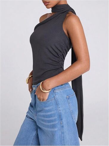 Wdirara Women’s Leopard Print Halter Crop Top Ruched Rucheveless Tee Shirt y2k terts terts tirts in Kuwait