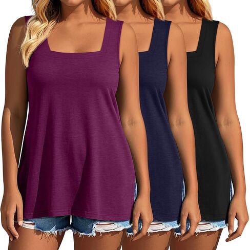 3 Pack Summer Plus Size Tank Tops for Women Sleeveless Tunic Shirts Square Neck Tops Side Slits 1X-5X in Kuwait
