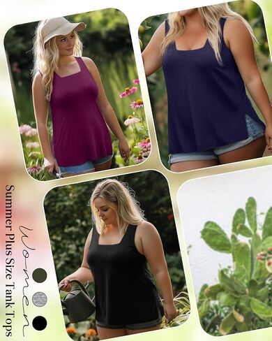 3 Pack Summer Plus Size Tank Tops for Women Sleeveless Tunic Shirts Square Neck Tops Side Slits 1X-5X in Kuwait