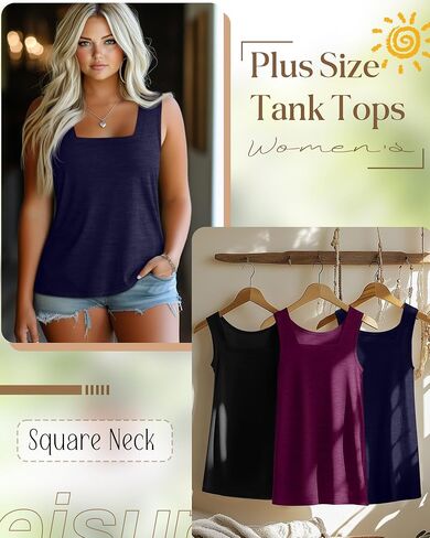 3 Pack Summer Plus Size Tank Tops for Women Sleeveless Tunic Shirts Square Neck Tops Side Slits 1X-5X in Kuwait