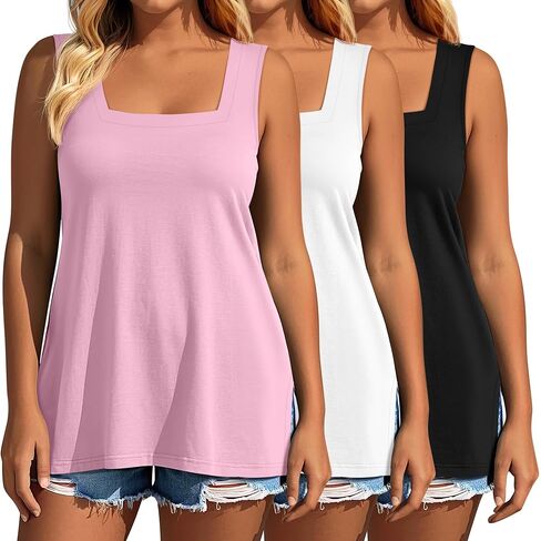 3 Pack Summer Plus Size Tank Tops for Women Sleeveless Tunic Shirts Square Neck Tops Side Slits 1X-5X in Kuwait