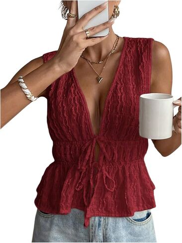 MakeMeChic Women's Tie Front V Neck Tank Top Bow Sleeveless Ruffle Hem Crop Tops in Saudi Arabia