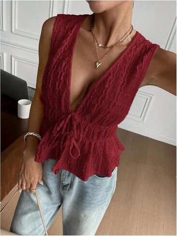 MakeMeChic Women's Tie Front V Neck Tank Top Bow Sleeveless Ruffle Hem Crop Tops in Saudi Arabia