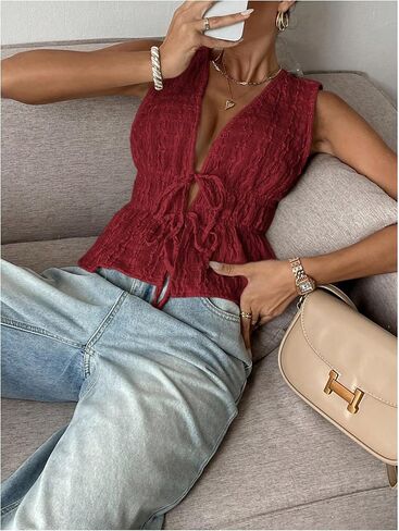 MakeMeChic Women's Tie Front V Neck Tank Top Bow Sleeveless Ruffle Hem Crop Tops in Saudi Arabia