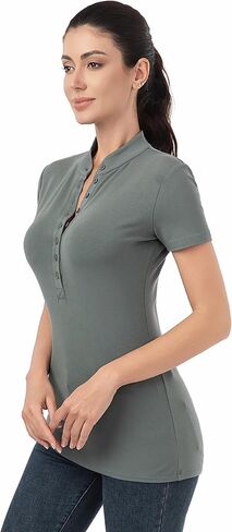 AmélieBoutik Women Short Sleeve Fitted Button Up Deep V Neck Collarless Polo Shirts in Kuwait