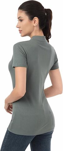 AmélieBoutik Women Short Sleeve Fitted Button Up Deep V Neck Collarless Polo Shirts in Kuwait