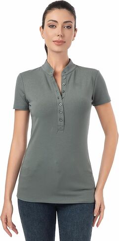 AmélieBoutik Women Short Sleeve Fitted Button Up Deep V Neck Collarless Polo Shirts in Kuwait