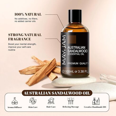 Indian Sandalwood Essential Oils 3.38 FL.OZ Pure Indian Sandalwood Oil for Massage Skin Care Hair Care Diffuser Candle and Soap Making - 100ml in Kuwait